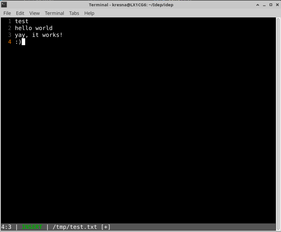 idep-tui in INSERT mode editing a file